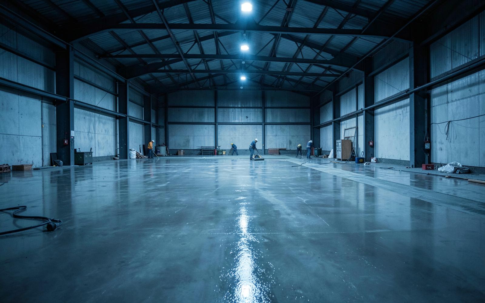Piso industrial de concreto sendo executado em galpão